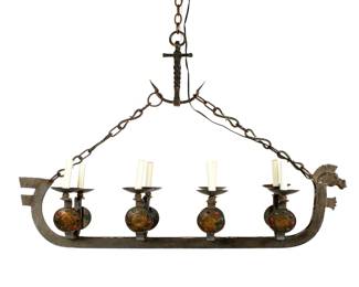 Lot 61: Cast Iron Viking Drakkar Boat Eight Light Chandelier