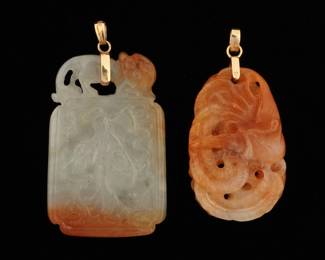 Lot 301: Two Chinese 14k Gold and Carved Jade Pendants