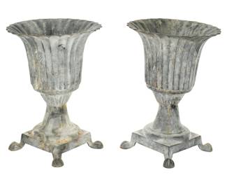 Lot 132: Pair Antique Cast Iron Fluted Urn Garden Planters
