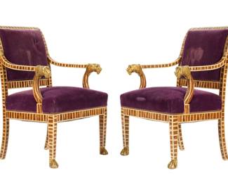 Lot 230: Pair Faux Painted & Carved Lion Head Arm Chairs