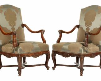 Lot 297: Pair French Regency Carved Walnut Fauteuil Chairs 