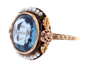 Lot 271: Multicolor 14k Gold Aquamarine Seed Pearl Ring