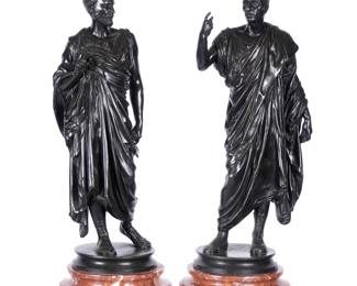 Lot 130: Pair Classical Roman Statesman Bronze Sculptures