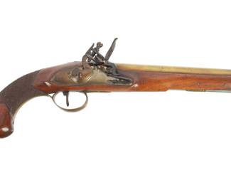 Lot 262: 19th C Continental Brass Barrel Flintlock Pistol
