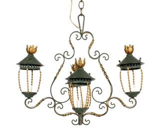 Lot 197: French Wrought Iron Tole Four Light Chandelier