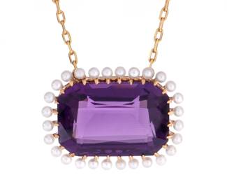 Lot 94c: 14k Gold Amethyst and Seed Pearl Pendant Necklace