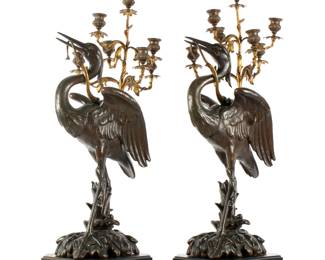 Lot 9: Pair Large French Bronze Crane Figural Candelabra