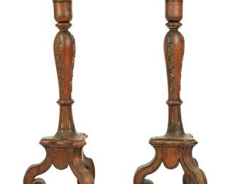 Lot 194: Pair Italian Carved & Painted Prickets