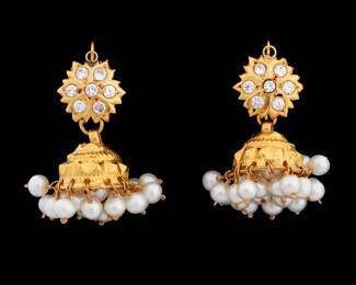 Lot 98: Pair Jhumka 22k Gold Diamond Seed Pearl Earrings