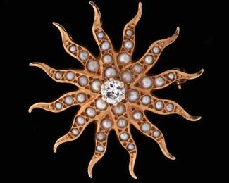 Lot 98a: 14k Gold Diamond and Seed Pearl Sunburst Brooch