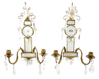 Lot 28: Pair Neoclassical Style Brass Crystal Sconces