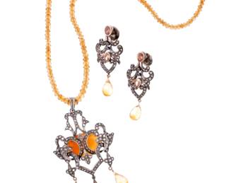 Lot 101: Stunning Diamond Citrine Necklace Earrings Suite