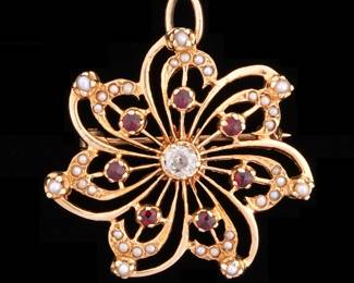 Lot 115: 14k Gold Diamond Ruby & Seed Pearl Brooch