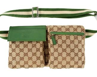 Lot 354: Gucci Canvas and Green Leather Waist Belt Bag
