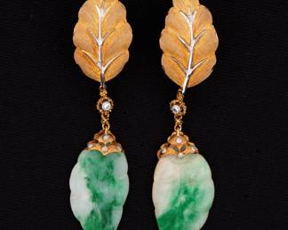 Lot 36a: Pair 18k Gold Diamond & Jade Buccellati Earrings