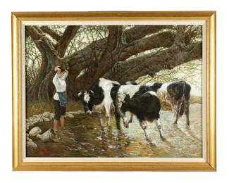 Lot 316: Robert Zhang Woman with Cows Landscape Painting
