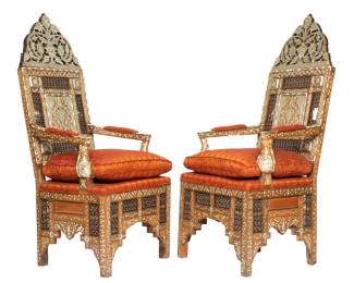 Lot 177: Pair Syrian Mother of Pearl Inlaid Arm Chairs
