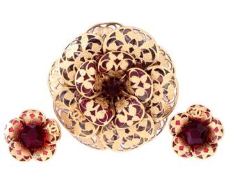 Lot 82: Chanel Camelia Gold Toned Enamel Brooch & Earrings