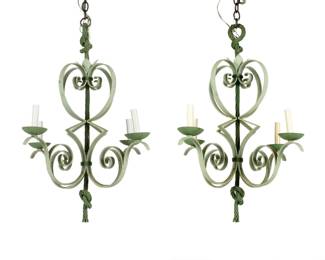 Lot 232: Pair French Green Wrought Iron Chandeliers