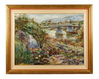 Lot 51: 1986 Lau Chun "Bridge" Abstract Landscape Painting