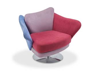 2033
Giuseppe Viganò (b. 1952)
A 'Flower Swivel Chair' for Il Loft, early 21st century
Marked in the underside dust cover in pattern: Il Loft
The petal-form seatback and armrests upholstered in a faux suede fabric, raised on a chromed metal swivel base
33" H x 43.5" W x 32.5" D
Estimate: $400 - $600