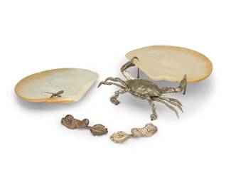 2190
Two seashell dishes and a pair of Christofle knife rests
Late 20th century
Knife rests marked for Christofle
Comprising two Christofle silver-plated 'Neptune' knife rests, one in original fitted box, together with two dishes including a metal crab-figure holding a seashell tray, and another seashell tray with mounted metal butterfly figure
4 pieces
Largest: 2.5" H x 10" W x 7.5" D; Each Neptune: 3.75" L; Box: 1.75" H x 6" W x 3.375" D
Estimate: $300 - $500
