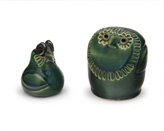 2115
Dora De Larios (1933-2018)
Two glazed stoneware figures, late 20th/early 21st century
Each incised to underside: Dora
Comprising models of an owl and a chicken
2 pieces
Owl: 4" H x 3.5" Dia.; Chicken: 3.375" H x 2.625" Dia.
Estimate: $300 - $500
