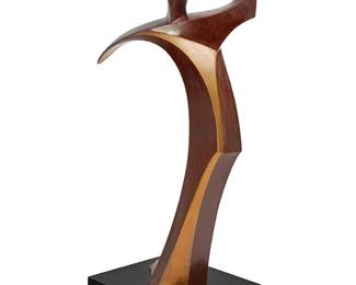 2163
John Huggins
(b. 1938)
"Seastar," 1980
Patinated and polished bronze on stone base on wood plinth
Edition: 2/2
Impressed initials and edition near base: JH
Bronze: 60" H x 24" W x 26" D; Bronze and stone: 64" H; Plinth: 17" H 24.5" W x 22.5" D
Estimate: $1,000 - $1,500