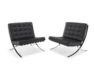 2022
After Ludwig Mies van der Rohe (1886-1969)
Two chairs in the manner of 'Barcelona' chairs for Knoll, late 20th/early 21st century
Designed 1929
Each unmarked
Each with tufted black leather upholstery, black leather strapping, and chromed metal curved X-frame
2 pieces
Each: 30.5" H x 31" W x 33" D
Estimate: $500 - $700