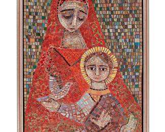 2253
A Contemporary mosaic of the Madonna and Child
Late 20th/early 21st century
Depicting the Mother Mary with the Christ child, assembled with inset ceramic and glass tiles
Ceramic: 44.25" H x 26.25" W; Framed: 47.25" H x 29.5" W x 2.25" D
Estimate: $500 - $700
