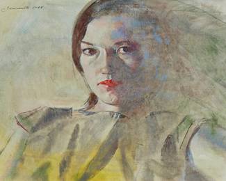2196
Mario Armond Zamparelli
(1921-2012)
Portrait of a woman in green
Oil on canvas
Signed and dated upper left: Zamparelli 1995; with the artist's blue ink stamp, and inscribed "Mendocino" in ink, all on the stretcher
11" H x 14" W
Estimate: $600 - $800