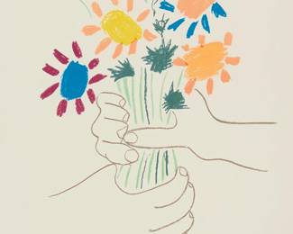2003
After Pablo Picasso
(1881-1973)
"Bouquet de Fleurs" (Bouquet of Peace), 1958
Offset lithograph in colors on off-white wove paper
Edition: 98/200
Signed and numbered in pencil in the lower margin: Picasso; signed again and dated "21.4.58" in the stone at lower right; Editions Combat pour la Paix, Paris, pub.
Sight: 24" H x 18.5" W
Estimate: $600 - $800