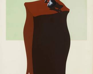 2044
Ken Price
(1935-2012)
"French Figurine Cup," 1971
Screenprint in colors on wove paper
Edition: 50/75 (there were also nine artist's proofs)
Signed, titled, dated, and numbered in pencil and with the copyright blindstamp along the lower edge, at right: Price '71; Gemini G.E.L, Los Angeles, prntr. and pub., with their blindstamp in the lower right sheet corner
Image/Sheet: 40" H x 30" W
Estimate: $500 - $700