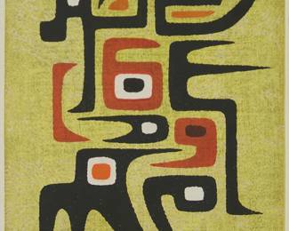 2226
Toshi Yoshida
(1911-1995)
"Impression," 1958
Woodcut in colors on paper
From the edition of unknown size
Signed, titled, and dated in pencil in the lower margin: Toshi Yoshida; with the artist's red ink chopmark in the image, lower right
Image: 14.875" H x 9.875" W; Sight: 15.5" H x 10.375" W
Estimate: $300 - $500