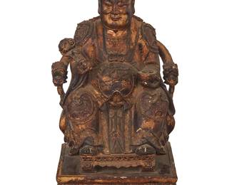 2218
A Chinese carved wood deity figure
Qing Dynasty (1644-1912)
The painted and gilt figure depicted seated in a horseshoe chair and holding a ruyi scepter
16.5" H x 9.25" W x 8.25" D
Estimate: $500 - $700