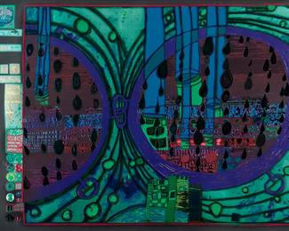 2048
Friedensreich Hundertwasser
(1928-2000)
"A Rainy Day on the Regentag," from the "Look at it on a Rainy Day," series, 1970-72
Screenprint in colors with metallic embossing on paper
Edition: 1738/3000
Signed with the embossed gold signature and the mechanically-stamped edition number in the upper portion of the left margin; Dietz Offizin, Lengmoos, Bavaria, in cooperation with Günter Dietz, prntr.; Ars Viva, Zürich, Switzerland, pub.
Image: 17.5" H x 23" W; Sight: 18.25" H x 26" W
Estimate: $800 - $1,200