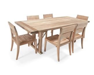 2270
Christian Liaigre (1943-2020)
An outdoor dining set from the 'Great Outdoors' collection for Holly Hunt, late 20th/early 21st century
Each with metal tag to underside: Great Outdoors / A Holly Hunt Collection
Comprising a trestle dining table with metal stretcher supports and six slat-backed side chairs, each with weather-resistant grey fabric seat cushions
7 pieces
Table: 30" H x 85" W x 39" D; Each chair: 33" H x 18" W x 23.5" D
Estimate: $1,200 - $1,800