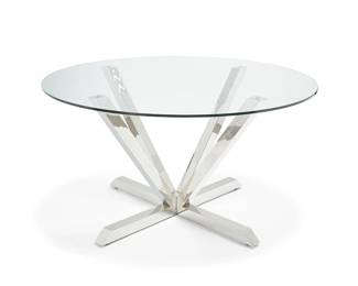 2242
A Modern chromed metal and glass dining table
Late 20th century
The table base constructed of four conjoined L-form supports, surmounted by a round glass top
Overall: 30" H x 55" Dia.; Base: 43.25" Dia. x 3.25" H
Estimate: $600 - $800