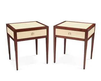 2262
A pair of Williams Sonoma Home 'Montmartre' nightstands
Late 20th/early 21st century
Each with metal tag to drawer interior: Williams Sonoma Home
The wood single-drawer stands, each with faux leather-clad top, drawer front, and side panels
2 pieces
Each: 26" H x 22.5" W x 20.5" D
Estimate: $400 - $600