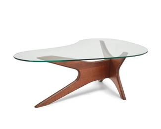 2023
Attributed to Adrian Pearsall (1925-2011)
A walnut and glass coffee table Model 1465-T, mid-20th century
Unmarked
The atomic-form frame with kidney-shaped glass top
Wood base: 15.25" H 33" W x 24" D; Glass top: 51" L x 30" W
Estimate: $700 - $900