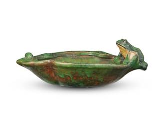 2102
A Weller pottery 'Coppertone' bowl
Early/mid-20th century
Stamped to underside: Weller Pottery
The ceramic bowl depicting a frog and lily pads
3.75" H x 11" W 7.75" D
Estimate: $200 - $300