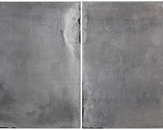 2186
Babak Emanuel
(b. 1966)
"Desperate Cause of Forces" (diptych)
Each: Embossed lead sheeting over partially painted panel
Appears unsigned; titled by repute
Each: 44" H x 38" W x 2" D
Estimate: $2,000 - $3,000