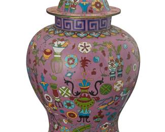 2222
A Chinese cloisonné ginger jar
20th century
With sticker to lid underside: Eileen of China [Seattle, WA]
The enameled copper jar depicting floral vases and homewares
17.5" H x 11" Dia.
Estimate: $400 - $600