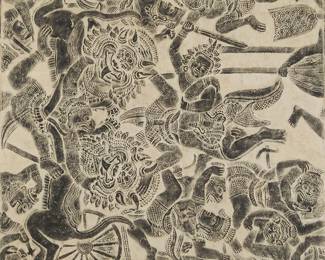 2247
A Southeast Asian Rubbing, likely Balinese, 19th/20th century
Depicting a scene from a Hindu epic
Ink on conjoined printed mulberry paper with a yellow silk border
Sight of the sheet: 32.5" H x 31.875" W; Sight with the silk borders: 36" H x 35.5" W
Estimate: $300 - $500