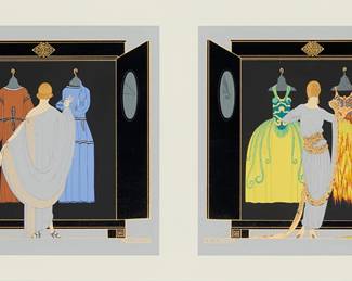 2049
Romain "Erté" de Tirtoff
(1882-1990)
"The Choice," 1981
Screenprint in colors on paper
Edition: 59/300
Signed and numbered in pencil in the lower margin: Erté; titled twice in the image; Mark Rowland Studios, Lake Zurich, prntr.; Circle Gallery, Ltd., pub.
Image: 15" H x 32.5" W; Sight: 18.5" H x 36" W
Estimate: $700 - $900