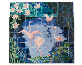 2264
A hand-painted ceramic tile picture
Mid-20th century
Each numbered for assembly; most marked in the molding: General Tile / Mosaic / Made In USA; others variously numbered and marked in the molding: OK [in a diamond cartouche] / Made in Japan
The tiles come together in a 12 x 12 figuration to depict a tropical scene with flowers and flamingos
144 pieces
Each tile: 6.125" H x 6.125" W
Estimate: $500 - $700