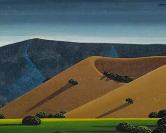 2120
Robert Shafer
(b. 1934)
Oak trees on rolling hills
Oil on Masonite
Signed upper right: Shafer
7.5" H x 10.25" W
Estimate: $600 - $800