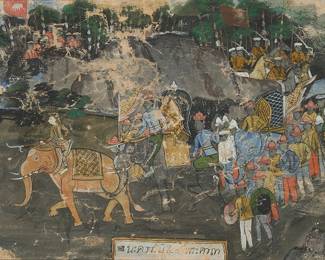 2248
A Thai narrative painting, Thailand, Rattanakosin period, 19th/20th Century
A Thai narrative painting, depicting a procession or march toward battle, with richly adorned elephants carrying riders. Surrounding them are groups of foot soldiers in varied attire, alongside cavalry with raised banners and partially visible horses, all set within a rocky, wooded landscape; with Thai characters written along the center of the lower edge; all painted with natural pigments on cloth, presumably linen
Sight: 14.625" H x 20.125" W
Estimate: $300 - $500