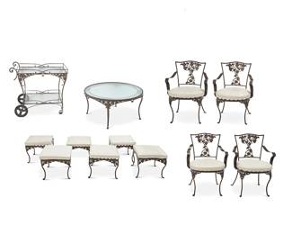 2273
A collection of Brown Jordan 'Morning Glory' patio furniture
Early 21st century
The enameled metal set with white vinyl-upholstered seat cushions, comprising a small circular table with glass top (18.75" H x 36.5" Dia.), four armchairs (32.5" H x 23.25" W x 22" D), a bar cart with glass shelves and rubber wheels (32" H x 36" W x 24" D), and six ottomans (13.25" H x 17.5" W x 17.5" D)
12 pieces
Estimate: $400 - $600