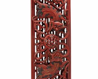 2239
An Asian lacquered carved wood panel
20th century
The red and black lacquered panel carved with guardian lion figures
71.5" H x 19.25" W x 4.75" D
Estimate: $300 - $500